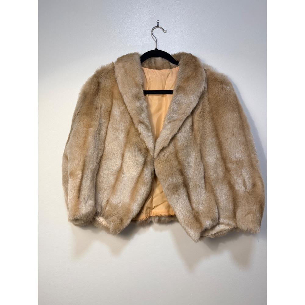 Mob Wife Faux Fur Capelet Women L Tan Vintage Style Shawl Collar Cropped Jacket